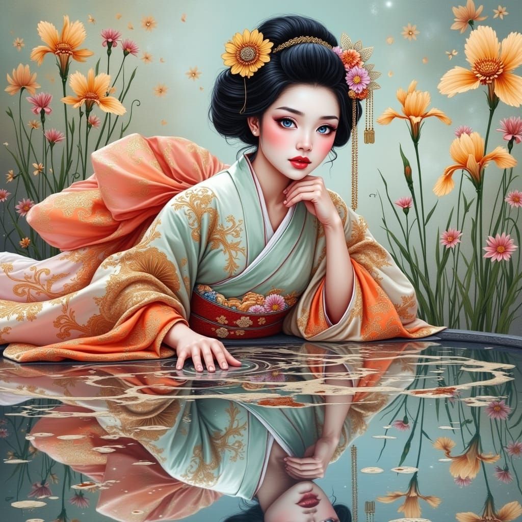 Geisha Portrait with Mirrored Reflection in Fantasy Style