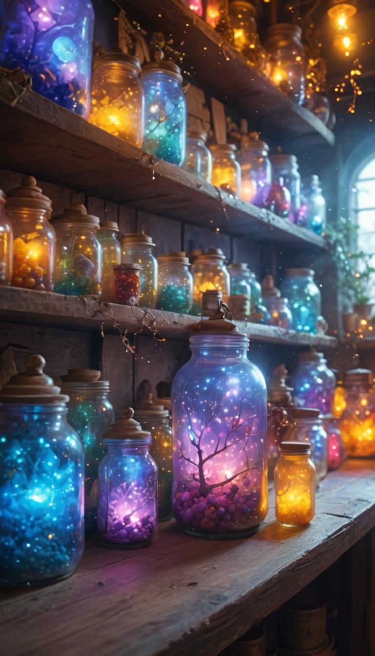 Glowing Jars on a Magical Bookshelf