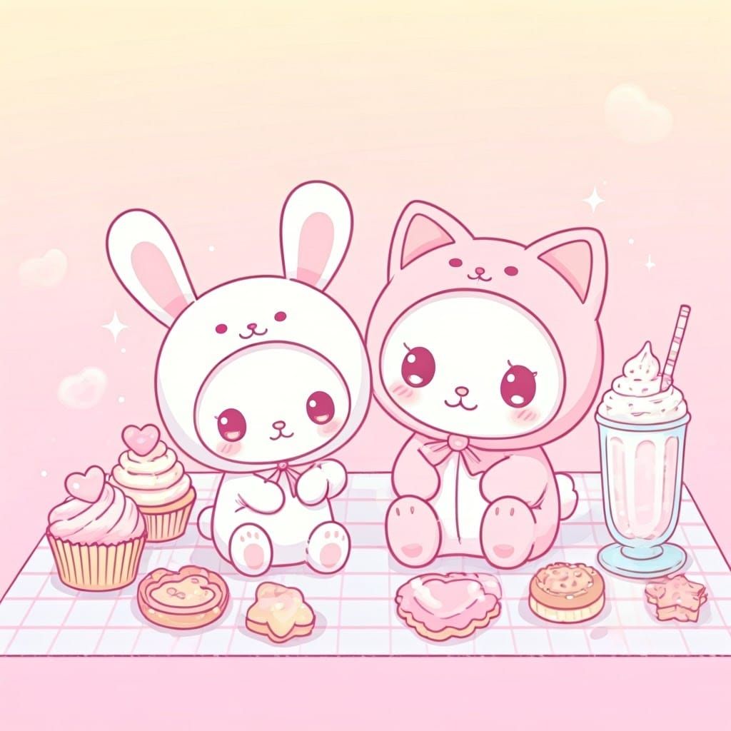 Kawaii Bunny and Kitty in Costume with Sweets