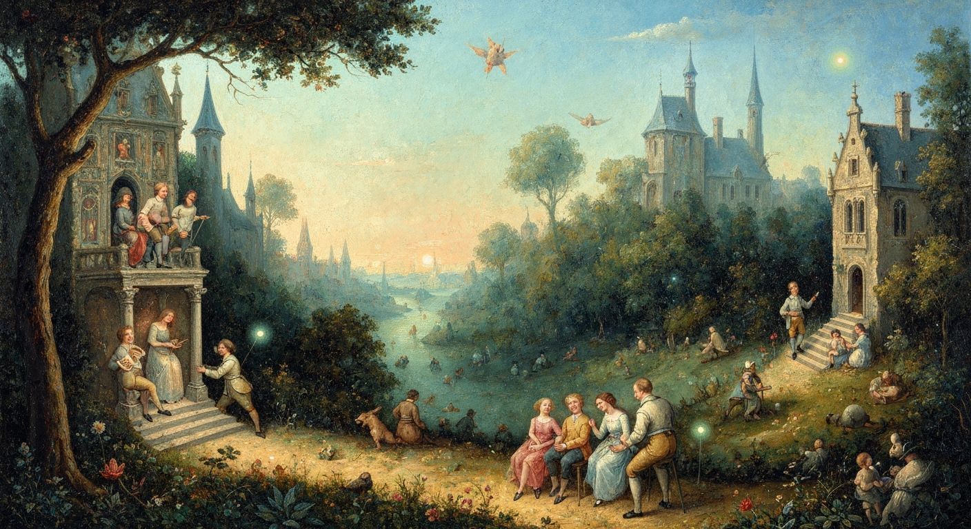 Surreal Belgian Landscape Oil Painting in Ligne Claire Style