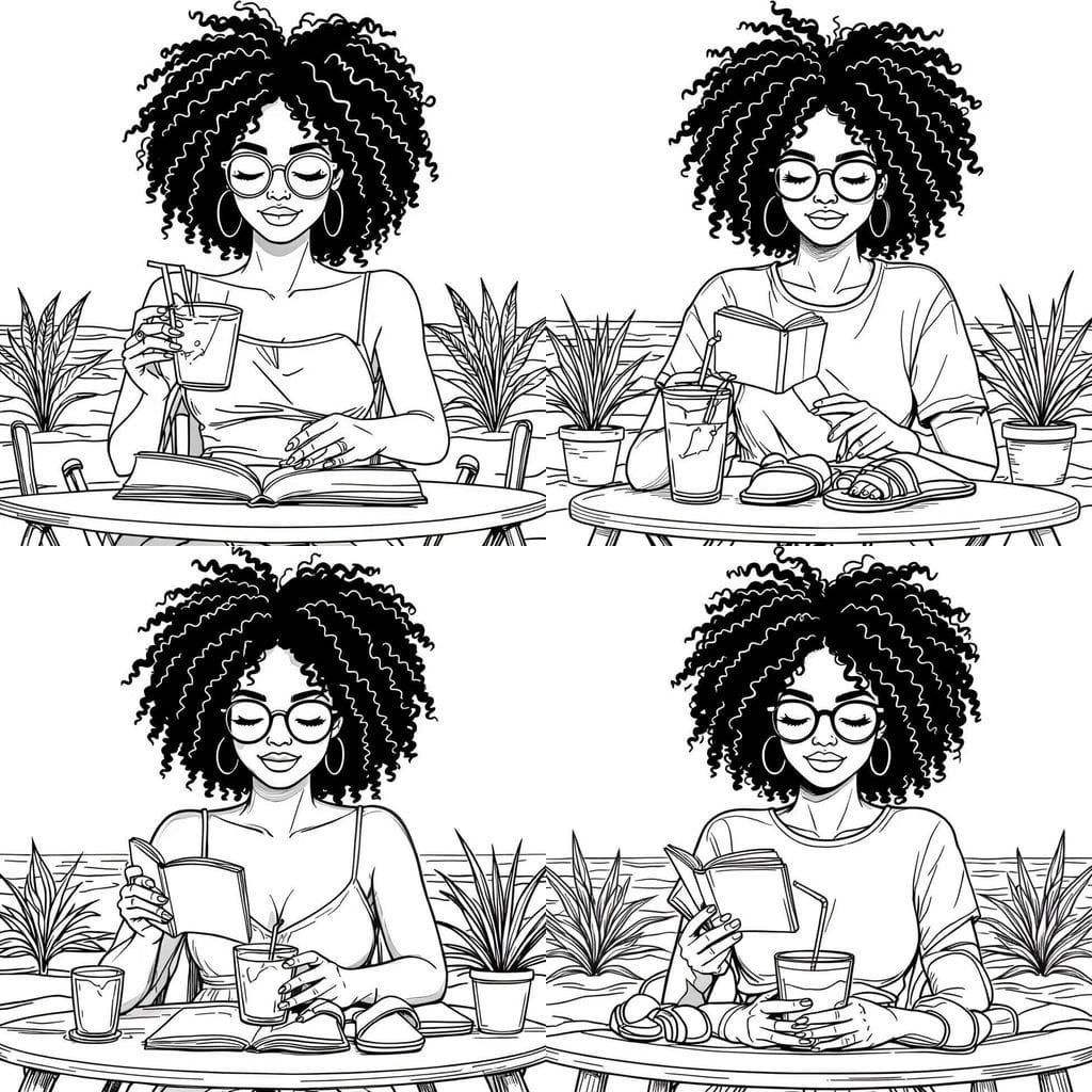 African American Woman Reading on Beach Line-Art
