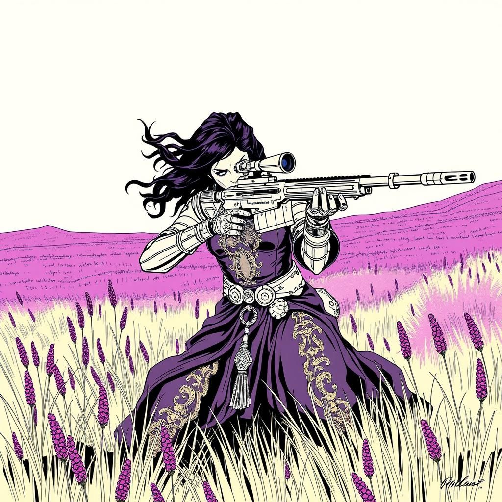 Cyborg Huntress in Ultraviolet Grasslands, Minimalist Illust...