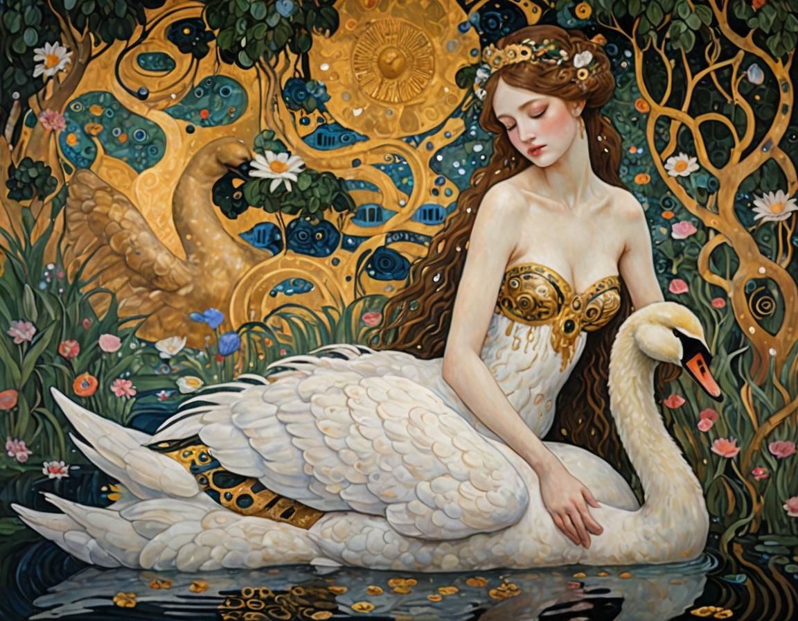 Leda and the Swan in Art Nouveau Style