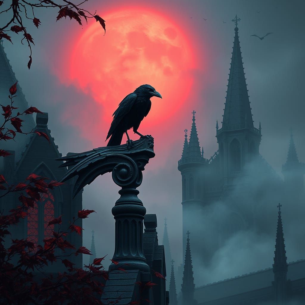 Dark Fantasy Raven Perched on Gothic Cathedral Gargoyle