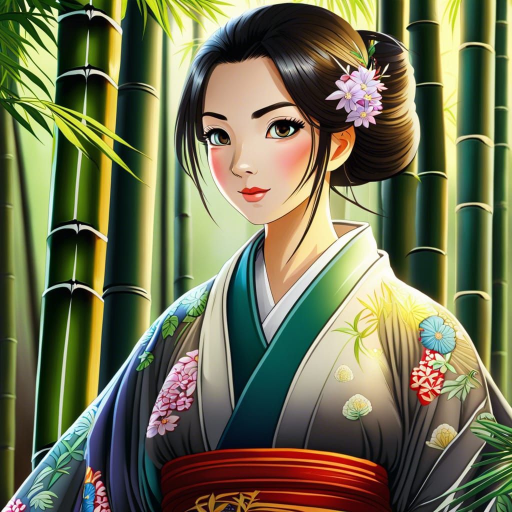 Woman in Kimono in Bamboo Forest, Anime Style