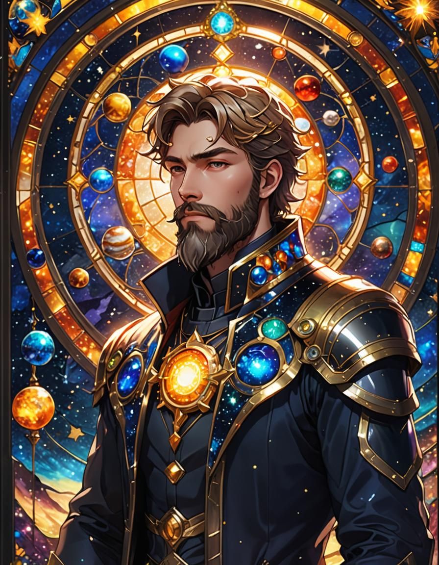 Sci-Fi Solar System Stained Glass with Charming Man