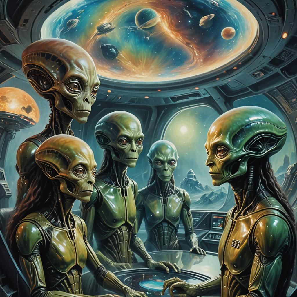 Aliens Scan Earth in Surreal Oil Painting Style