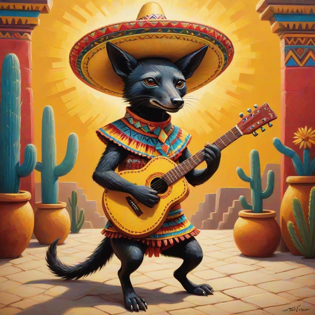 Mariachi Xoloitzcuintli Dog in Aztec Temple Oil Painting