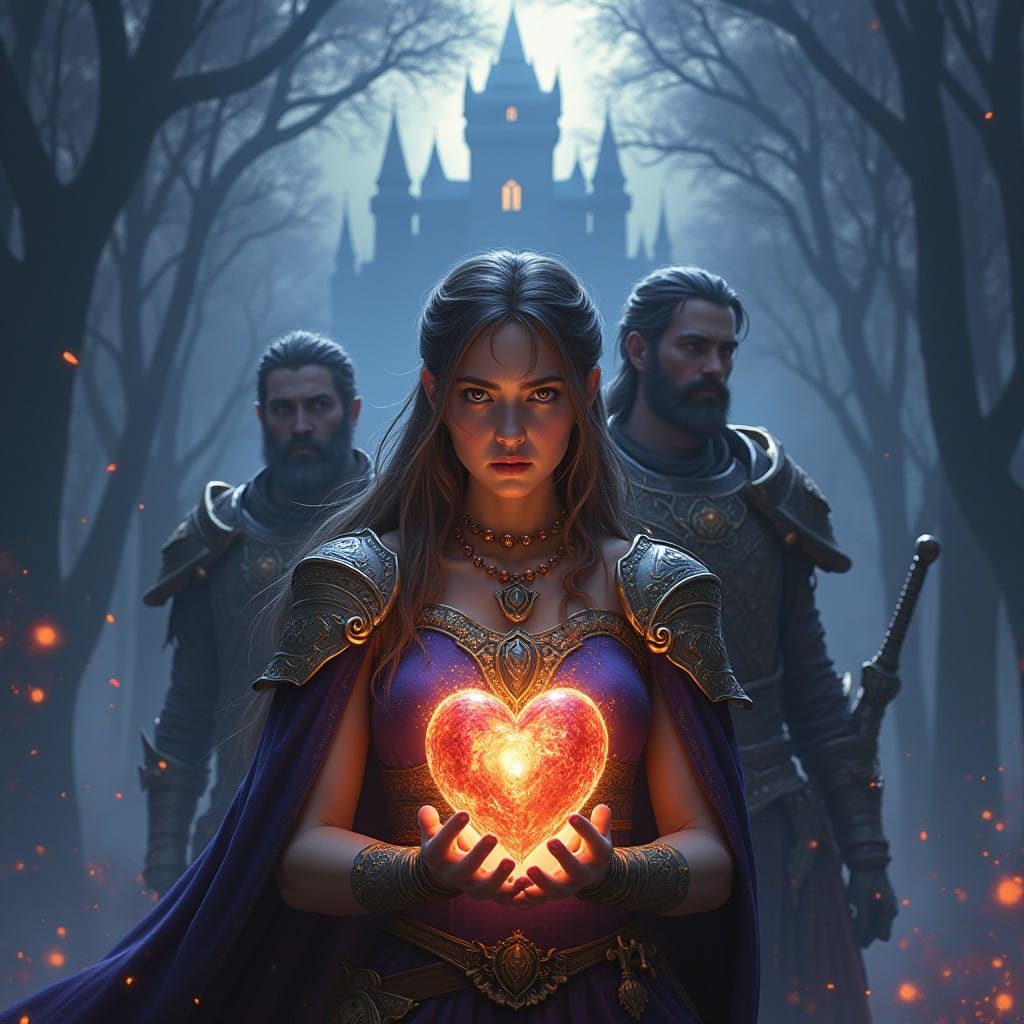 Seraphine Holds the Glowing Heart of Eldoria, Flanked by Kae...