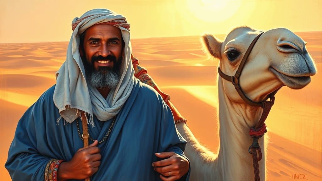 Proud Tuareg Man With Albino Camel Oil Painting