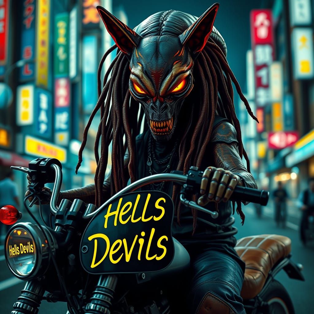 Insectoid Alien on Tokyo Bobber Bike in Rocker Outfit