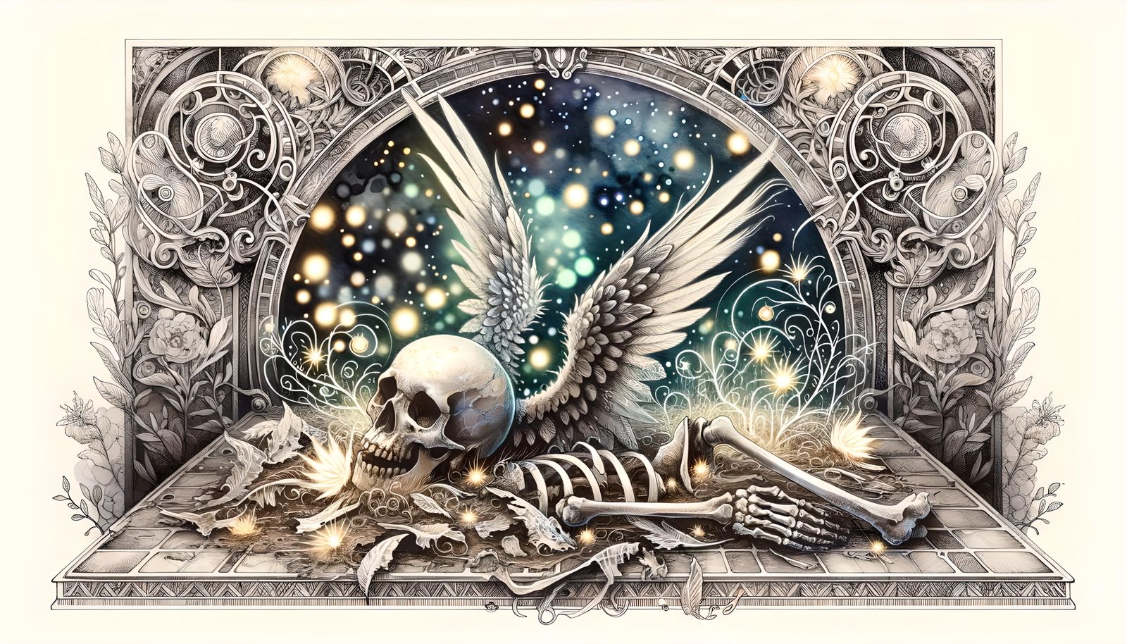 Watercolor Angel Skeleton with Bioluminescent Foliage