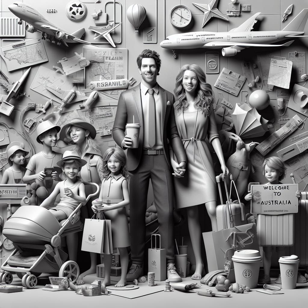 Family's Australian Adventure: Grayscale 3D Render