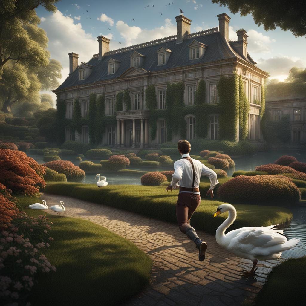 Swan Chase at Country Mansion: Detailed Matte Painting