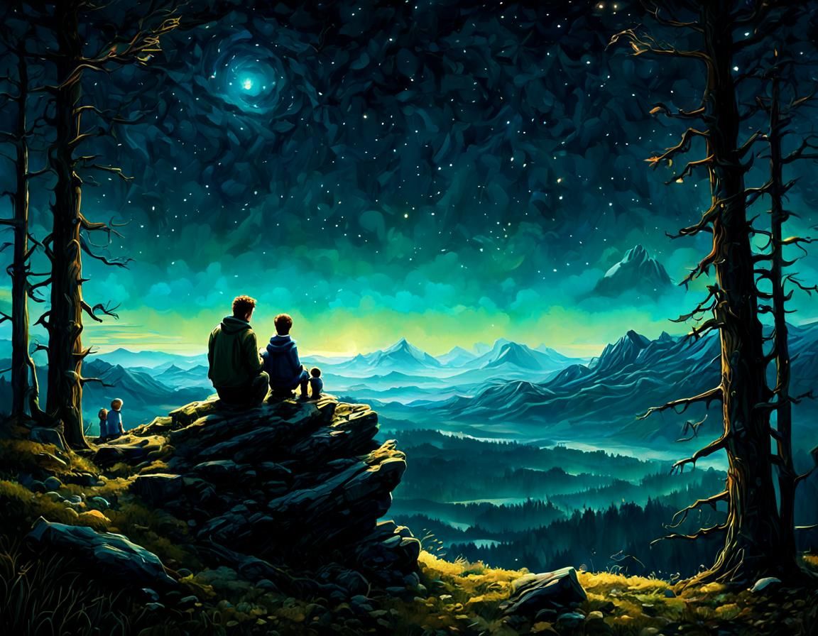 Father and Child Stargazing in Romantic Gothic Style