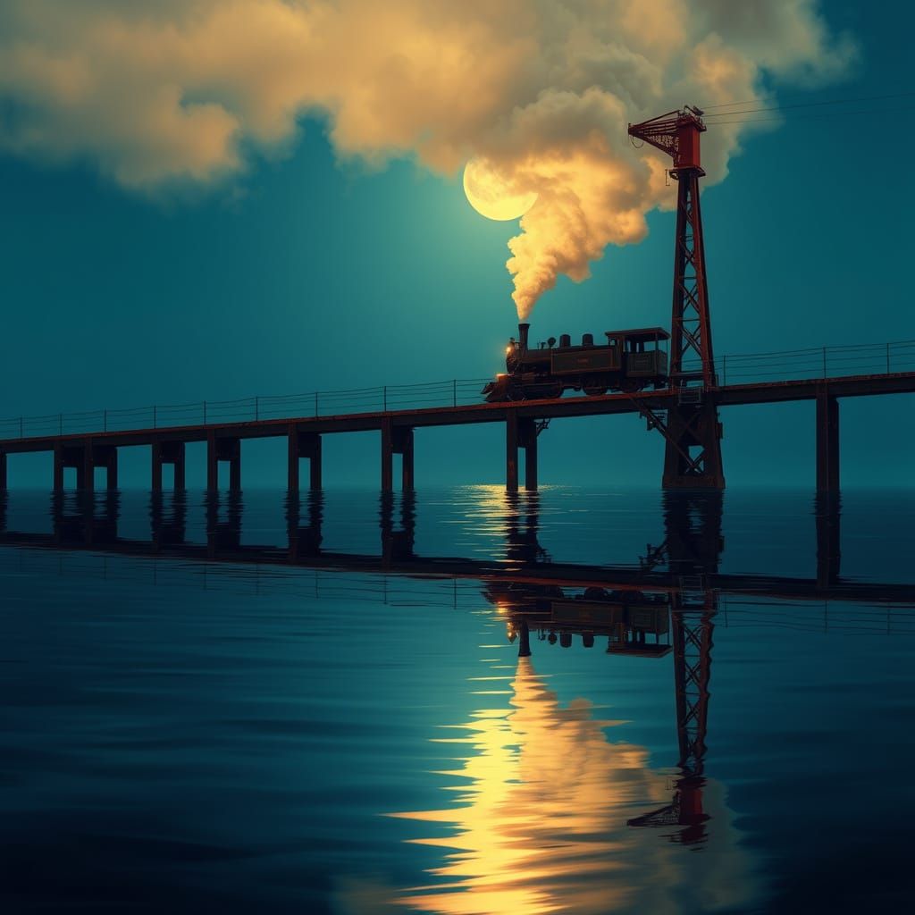 Vintage Steam Train Riding on Ocean Reflections