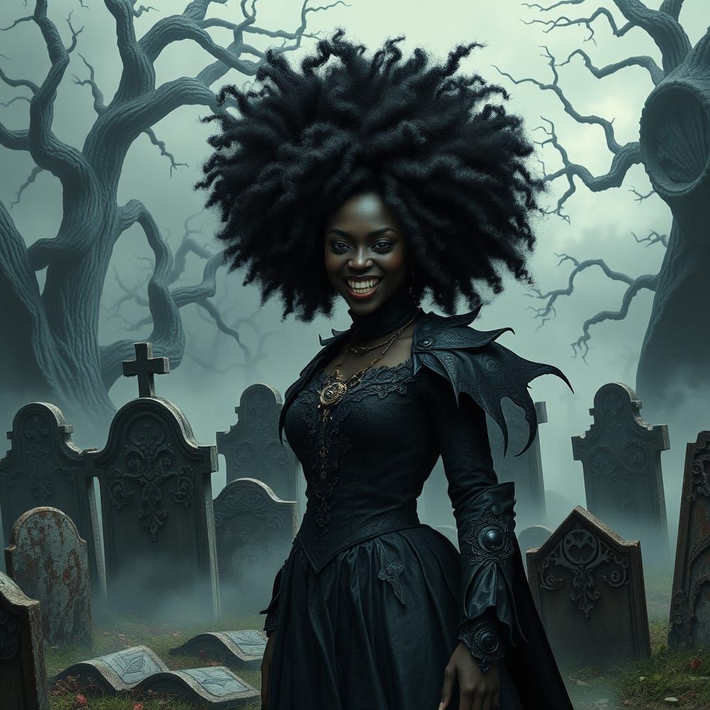 Gothic Vampire Goddess Reigns in Dark, Mystical Graveyard