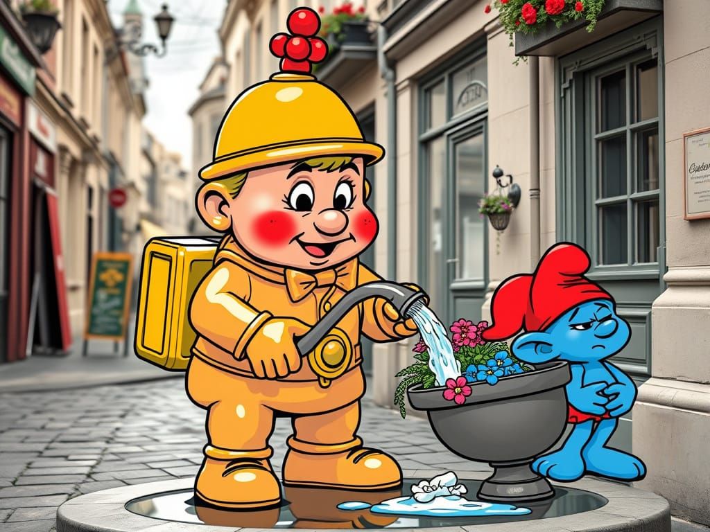 Manneken Pis Cartoon Caught Watering Flowers