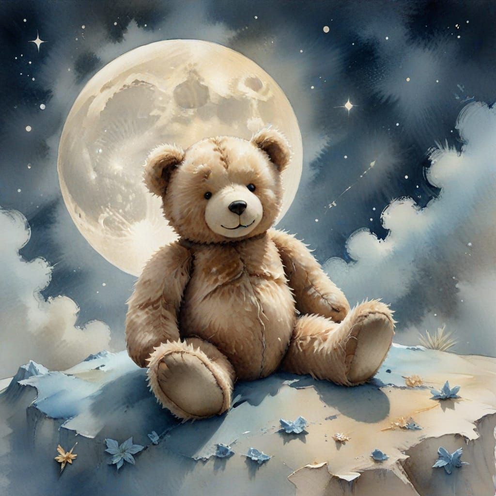 Teddy Bear Sleeps on Moon in Watercolor Style