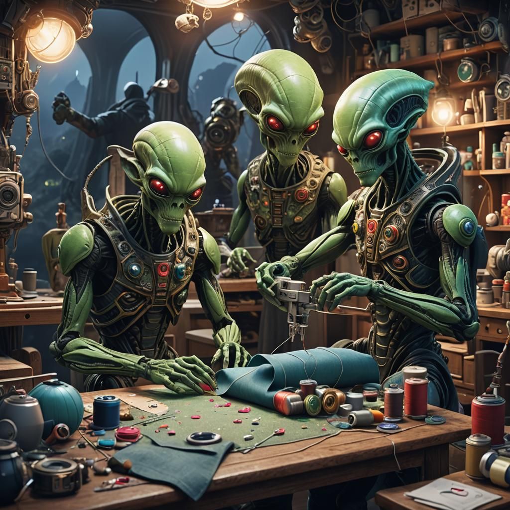 Aliens Sewing on Mars: Detailed Matte Painting