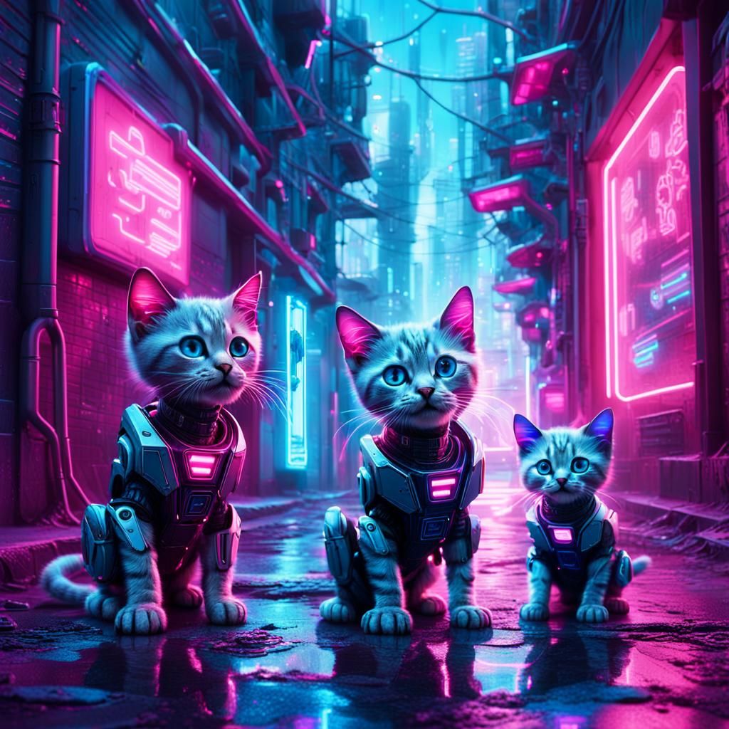 Futuristic Robot Cat Kittens Play in Neon Alley