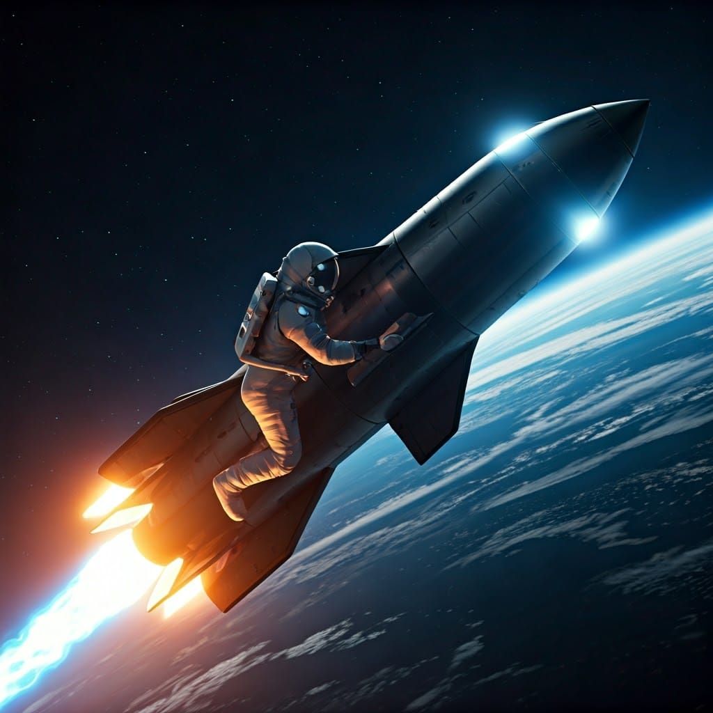 Astronaut Clings to Rocket Launching into Space