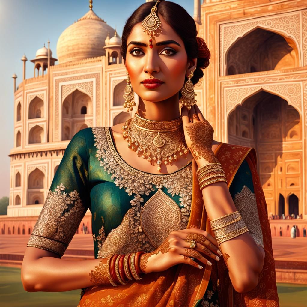Indian Woman in Traditional Dress at Taj Mahal