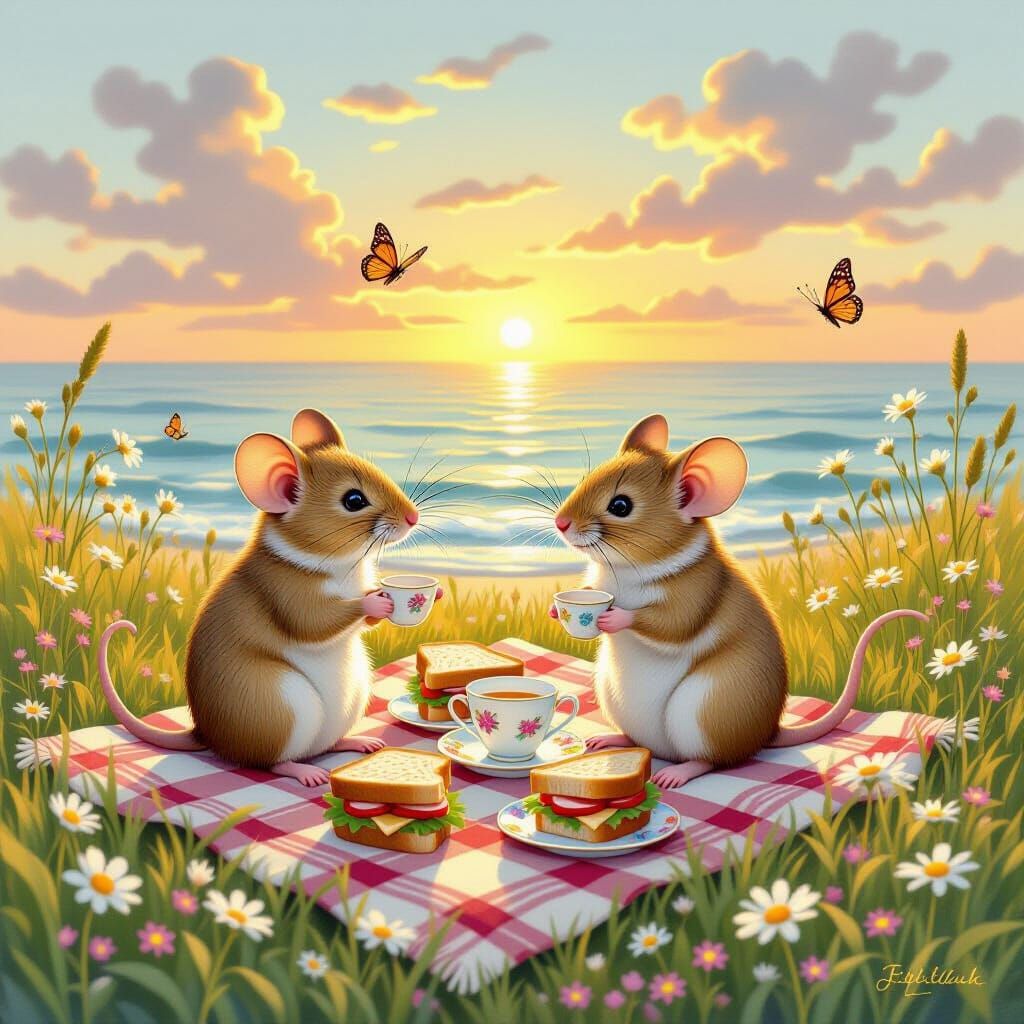 Mouse Family Picnic in Wildflower Meadow, Art Nouveau Style