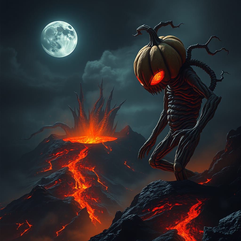 Humanoid pumpkin monster standing on the edge of a volcano at night during full moon