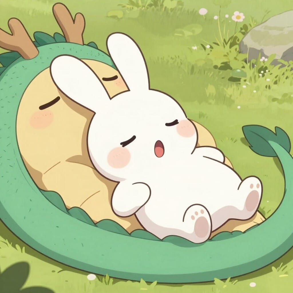 Cute Anime Rabbit Surprised by Sleeping Dragon