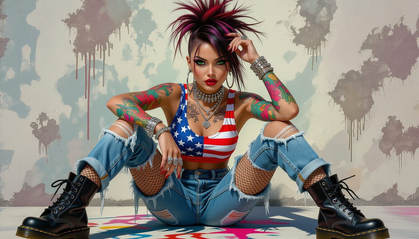 Punk Rock Pinup Goddess in Ripped Flag Denim and Tattoos