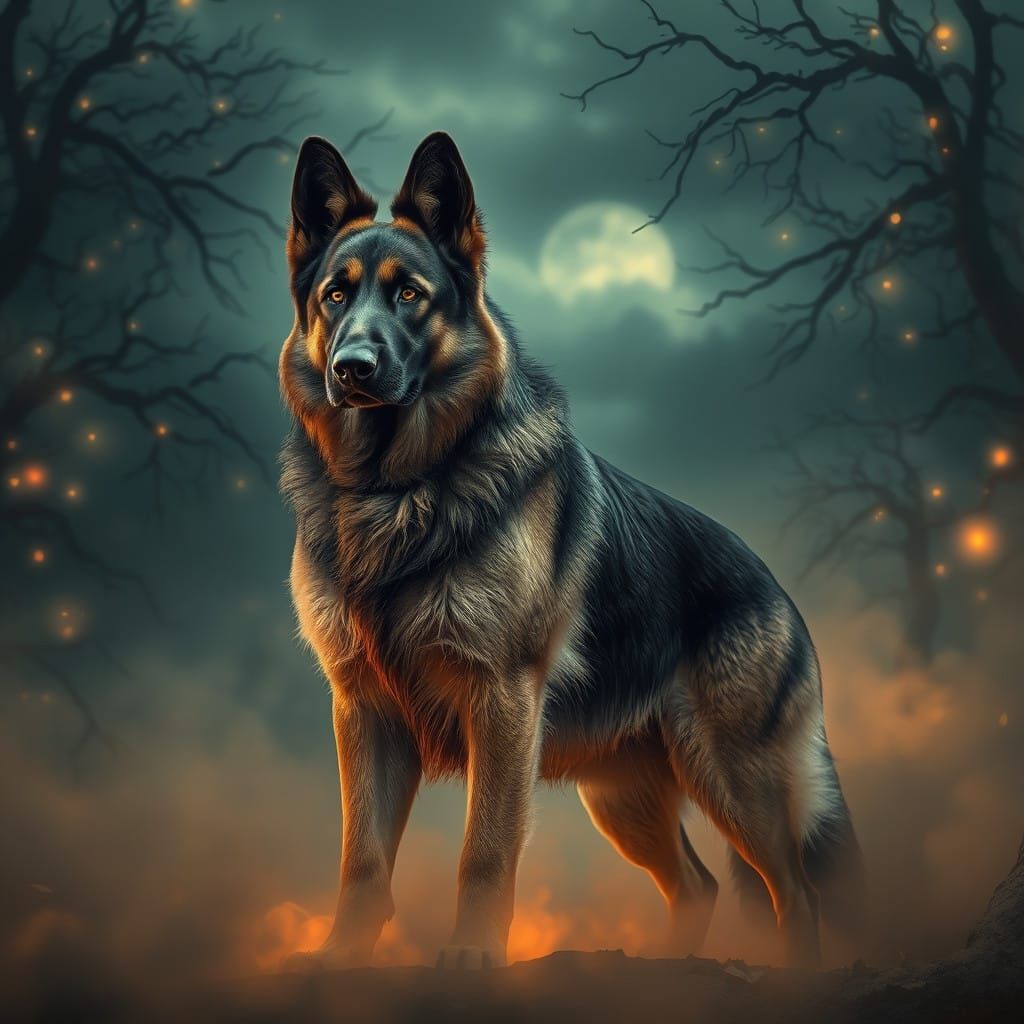 Regal German Shepherd in a Dreamlike, Fantasy Landscape