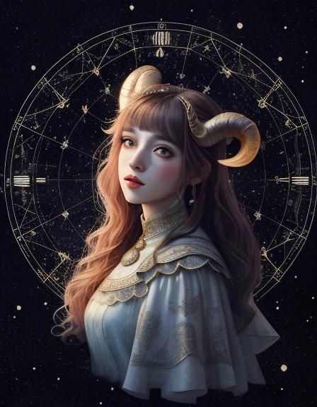 Woman as Aries in Double Exposure Line Art