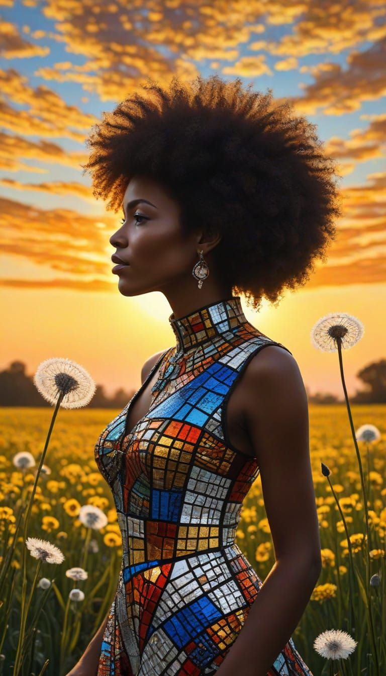 Mondrian-Inspired Stained Glass Lady in Sunset Glow