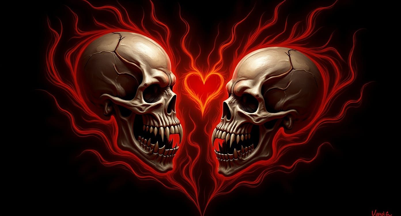 Demonic Skulls Facing Off in Fiery Passion