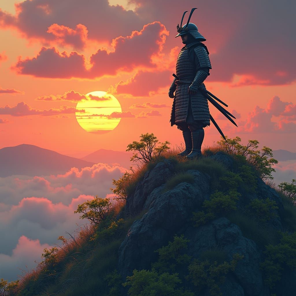 Samurai Sunset: Detailed Mountain Warrior in Silhouette