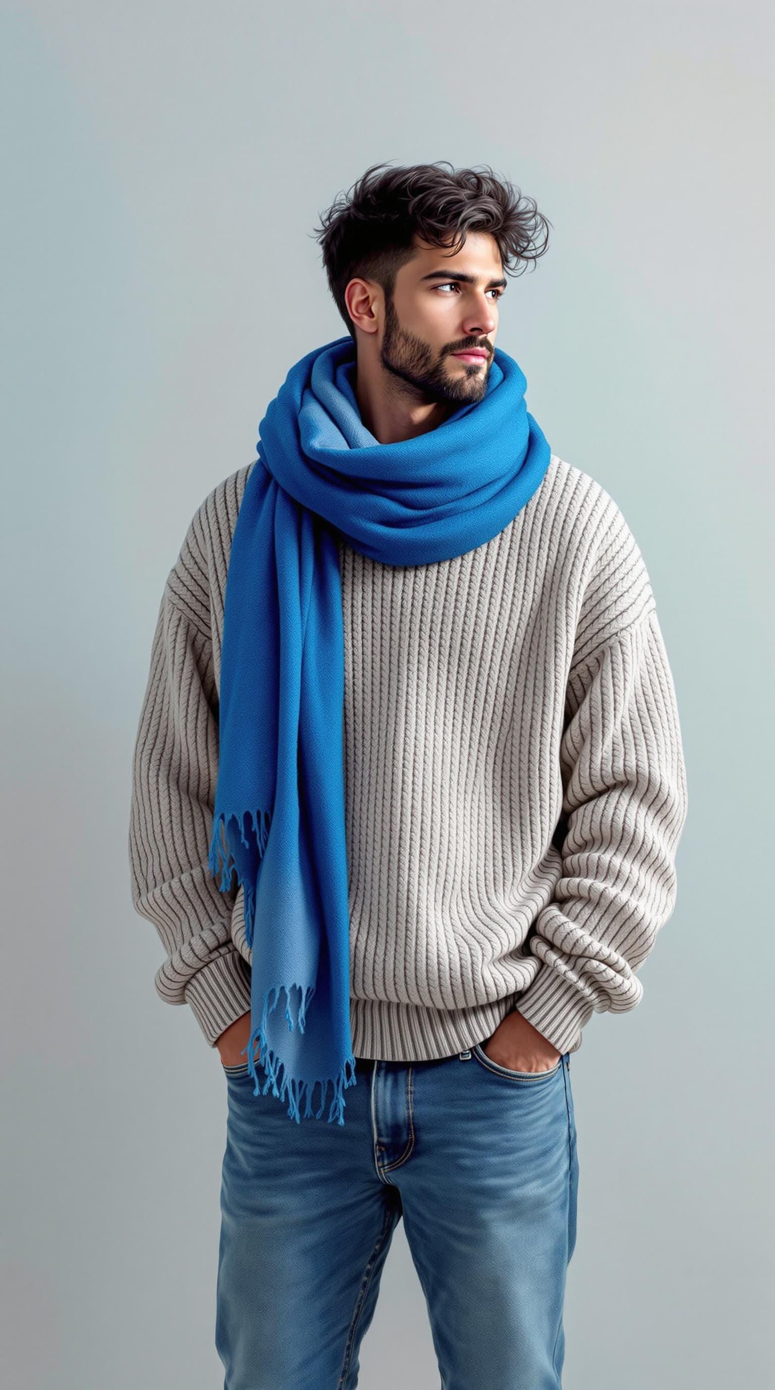 Man in Cozy Knitted Pullover with Vibrant Blue Scarf, Waterc...