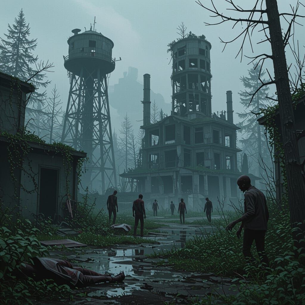 Post-Apocalyptic City Overrun by Nature and Zombies