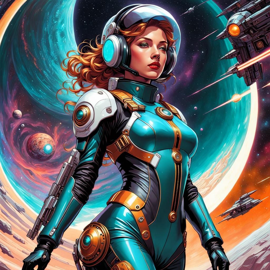 Spacegirl in Exosuit: Galactic Amber-Violet-Teal Art