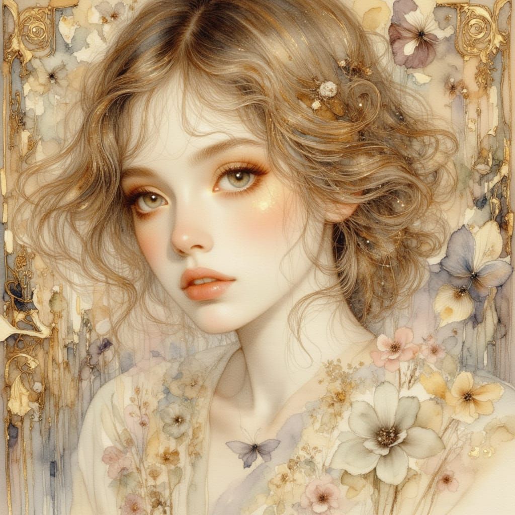 Art Nouveau Watercolor Portrait of a Woman