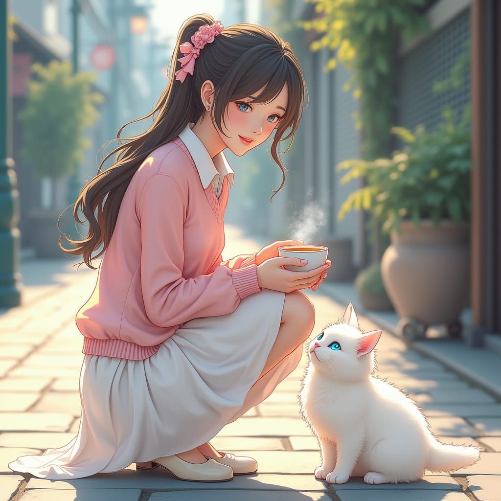 Elegant Woman Invites Furry Friend to Snuggle with Coffee