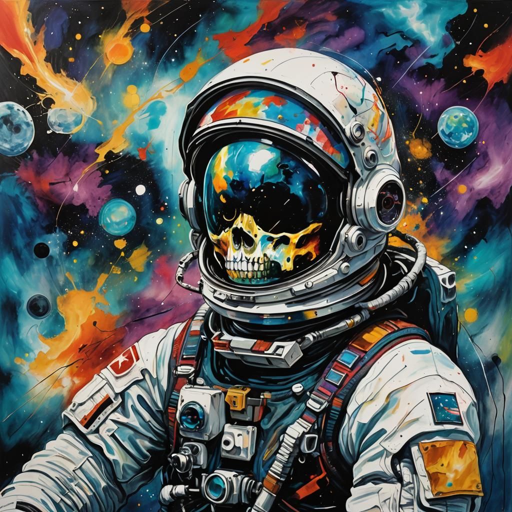 An abstract water painting of an astronaut in space, cracks ...