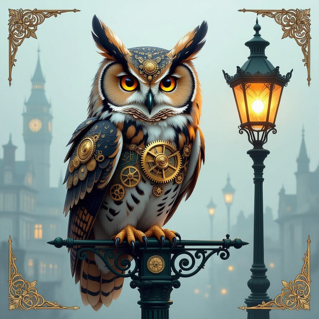 Steampunk Owl on Victorian Lamppost in Foggy City