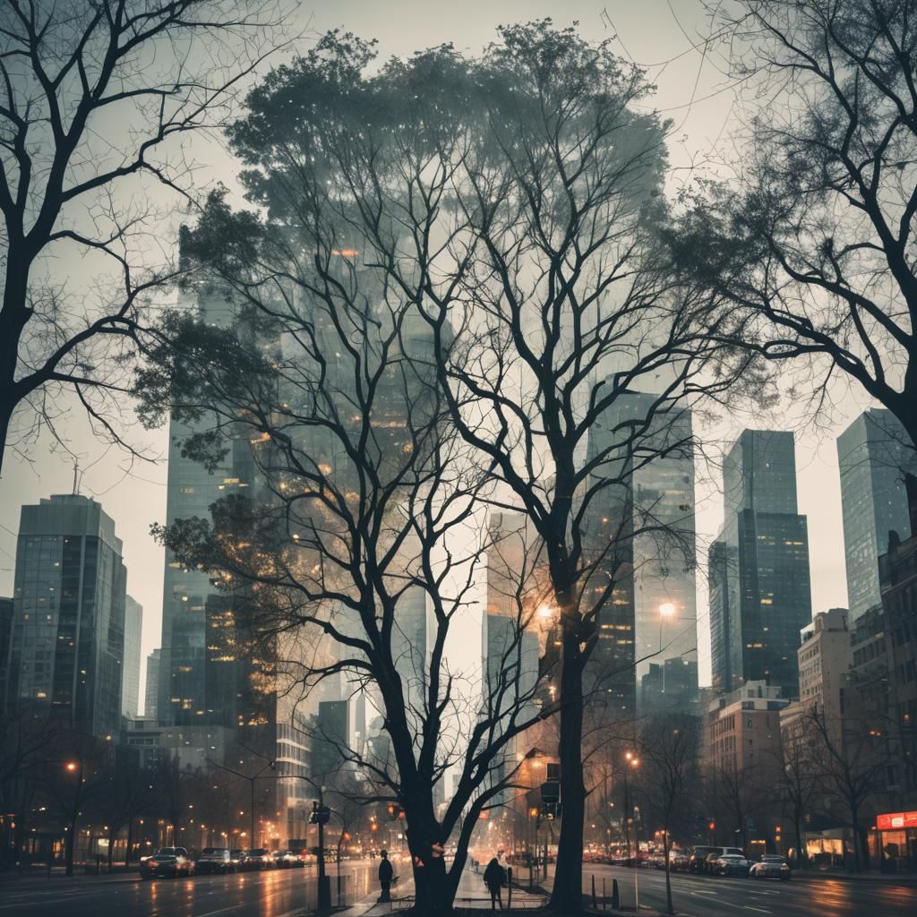 Double Exposure: Tree and Cityscape