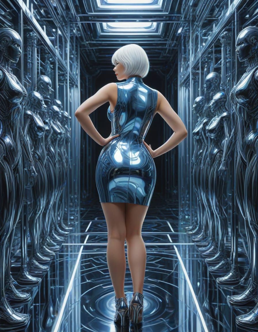Chrome Cyborg Woman in Steel Blue Dress in Mirror Maze