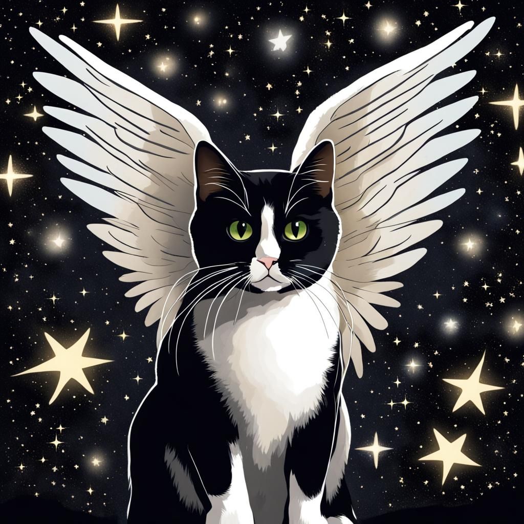 Tuxedo Cat with Angel Wings Among Stars