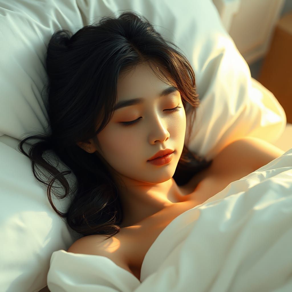 Asian Woman in Dreamy Fantasy Portrait on White Bed