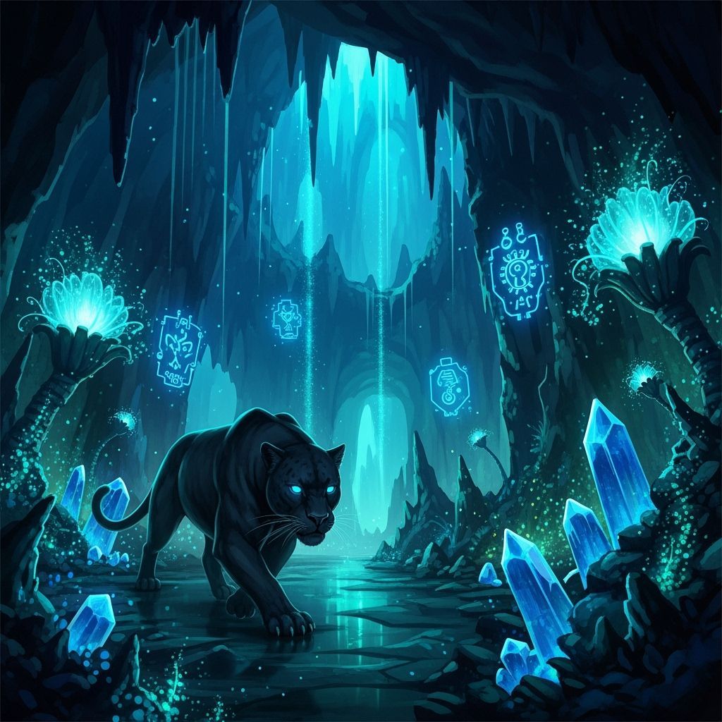Bioluminescent Panther in a Neon-Noir Cavern