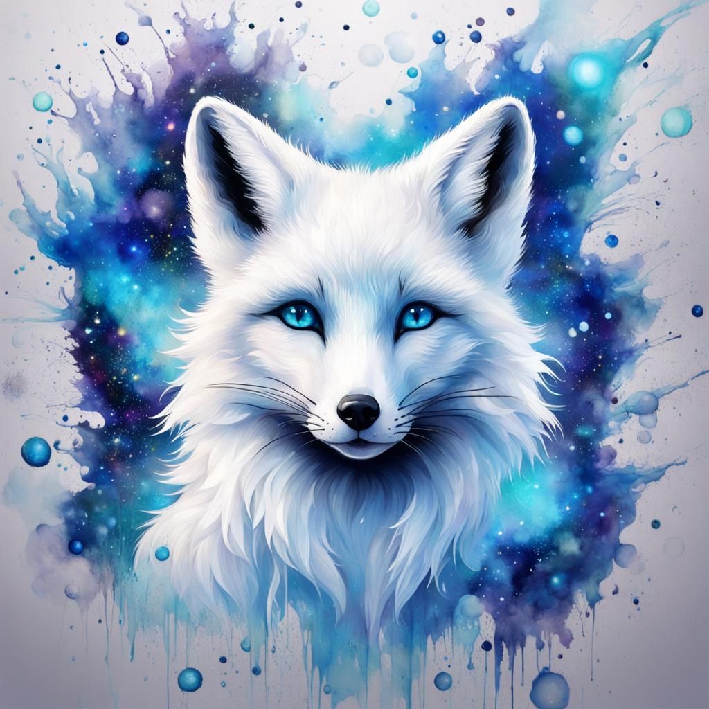 Ethereal White Fox in Space Watercolor Art