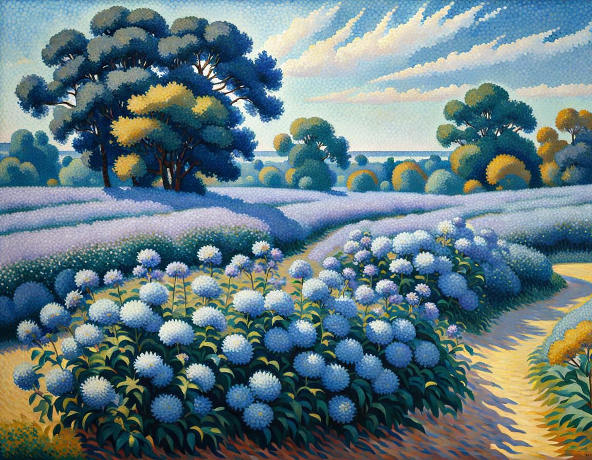 Blue Asters in Pointillism Style